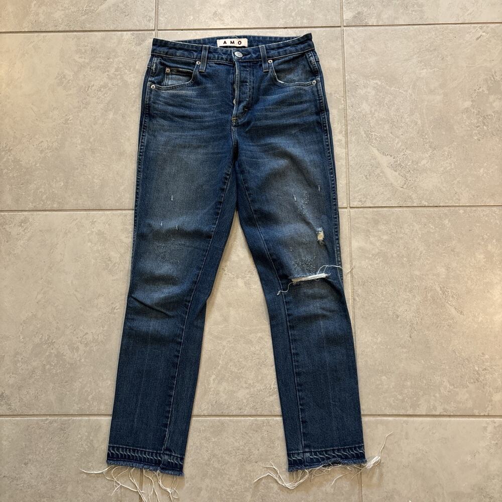Amo Babe Dive Bar Destroy Blue Jeans 28/27 Slim Straight Ankle Raw Hem - Picture 2 of 11